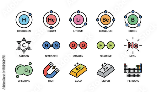 Illustrated periodic table elements with atomic structure and symbols