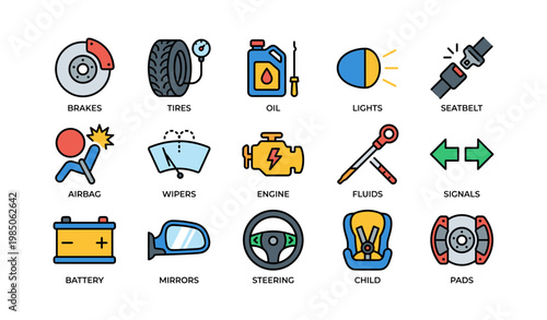 Car safety and maintenance icons: brakes, tires, oil, airbag, engine, steering