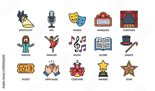Theater icon set: spotlight, mic, masks, marquee, curtains, singer, dancer, music, score, dance, ticket, applause, costume, award, star