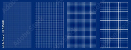 Blueprint grid set millimeter dot cell geometry, four scale variations. Wide medium dense micro spacing comparison, engineering layouts dashboards notebook pages interface planning systems graphics.