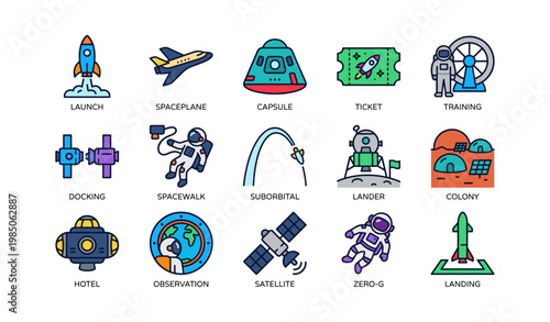 Space exploration icons including rocket, spaceplane, capsule, and astronaut activities