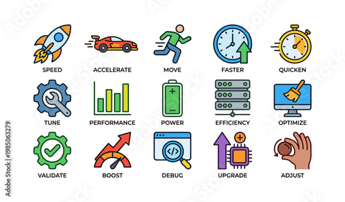 Colorful icons representing speed, efficiency, and performance optimization concepts