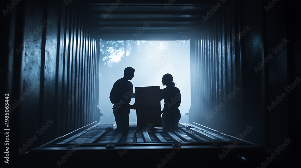 Fototapeta premium Silhouettes of Two Workers Unloading a Box Inside a Container in a Dimly Lit Warehouse Environment