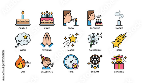 Colorful icon set illustrating birthday celebration and wishes