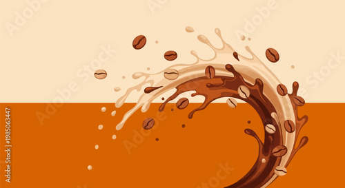 Dynamic coffee splash with roasted beans, liquid espresso wave with milk swirl vector, aromatic coffee bean explosion for cafe branding and packaging