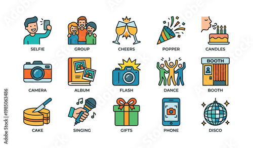 Party celebration icons including selfie, group, cheers, popper, and candles