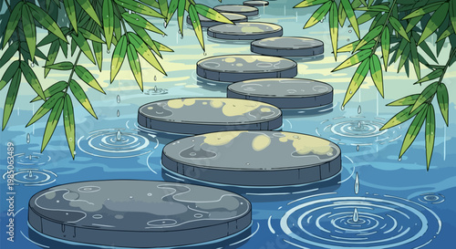 Zen garden stepping stones in water pond, peaceful stone path across lake with bamboo leaves, rainy garden landscape vector illustration
