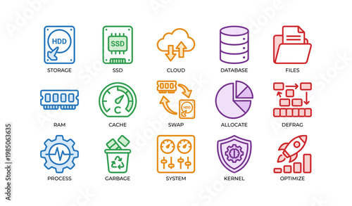 Colorful icons of computer storage and optimization components