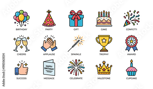 Celebration icons set: birthday, party, gift, cake, trophy, cupcake