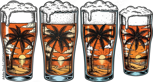Vintage beer glass vector set with tropical sunset beach scene, retro craft beer glasses with palm tree illustration, summer vacation drink icons