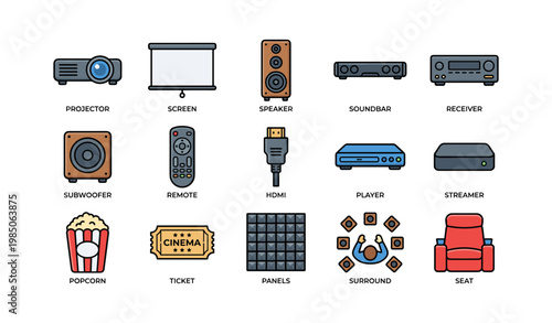 Home theater setup: projector, screen, speakers, and accessories for ultimate entertainment
