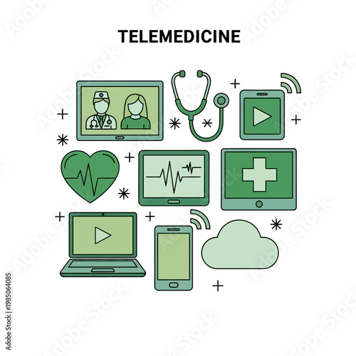 Vector illustration showcasing digital health and remote medical consultations. Online doctor visits and virtual healthcare services facilitated by technology