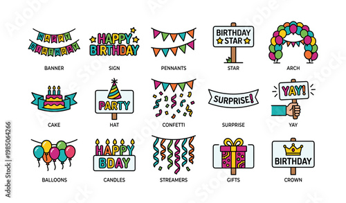 Colorful birthday icons set with banners, cake, gifts, and confetti