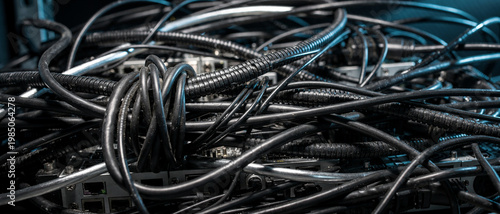 A collection of tangled cables and wires