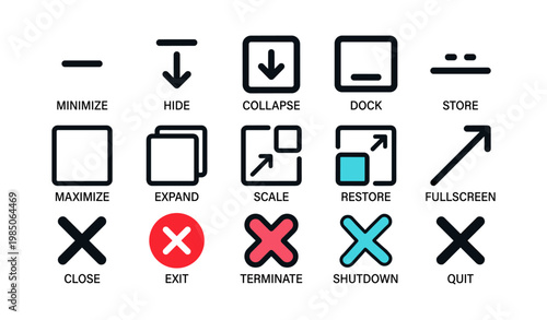 Minimalist user interface icons: minimize, expand, close, fullscreen, dock, store, quit