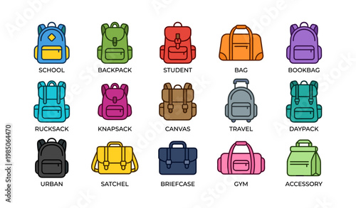 Colorful backpack collection with various styles for school, travel, and outdoor activities