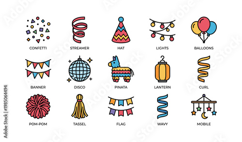 Colorful party icons: streamer, pinata, lantern, and more celebration symbols