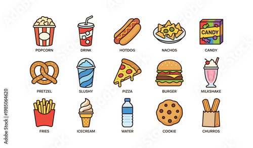 Colorful snack icons featuring popcorn, drinks, hotdog, nachos, and candy
