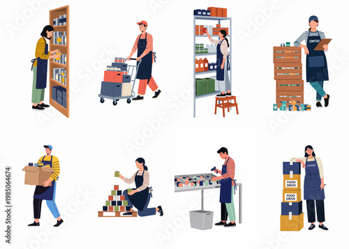 Collection of volunteer characters working at a food bank, sorting donations, stocking shelves, and managing food drive logistics.