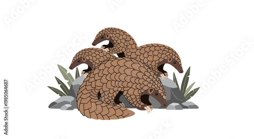 Group of Pangolins on Rocks with Foliage, Cute Animal Illustration