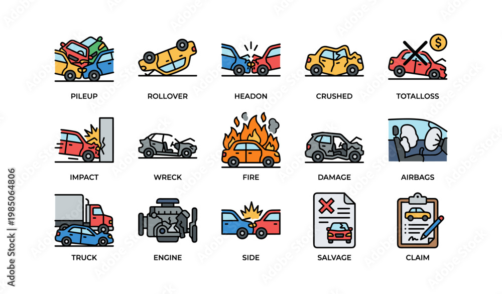 Fototapeta premium Car accident icons: pileup, rollover, head-on, crushed, fire, salvage, claim, engine, airbags, damage