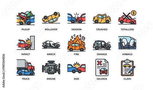 Car accident icons: pileup, rollover, head-on, crushed, fire, salvage, claim, engine, airbags, damage