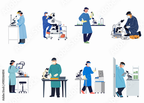 Collection of diverse scientists in protective gear working in a laboratory with microscopes, conducting experiments, performing maintenance, and analyzing scientific data.