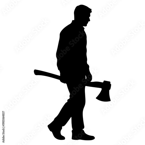 Silhouette of a man carrying an axe.
