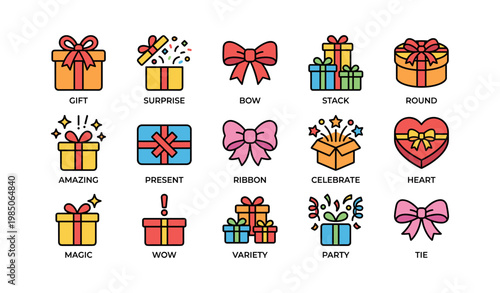 Colorful gift icons set featuring bows, hearts, and surprises