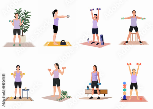 Vector illustration set of a woman performing various strength training exercises with dumbbells and kettlebells during a home workout for fitness and wellness.