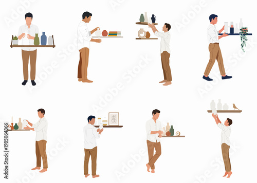 Set of flat illustrations featuring a young man arranging home decor, vases, and plants on various shelves in a minimalist style.