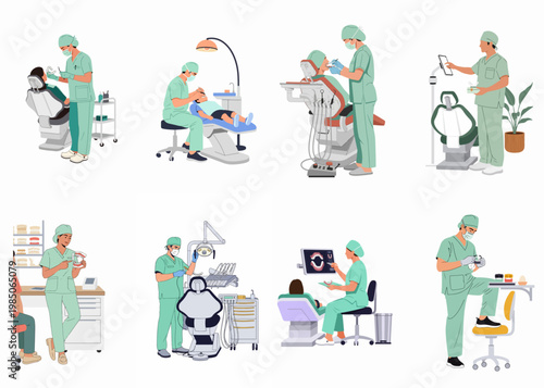 Collection of flat vector illustrations featuring dental professionals performing various procedures, treatments, and consultations in a modern clinic or laboratory setting.