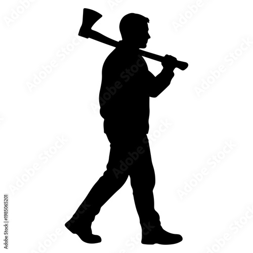 Silhouette of a man carrying an axe over his shoulder.