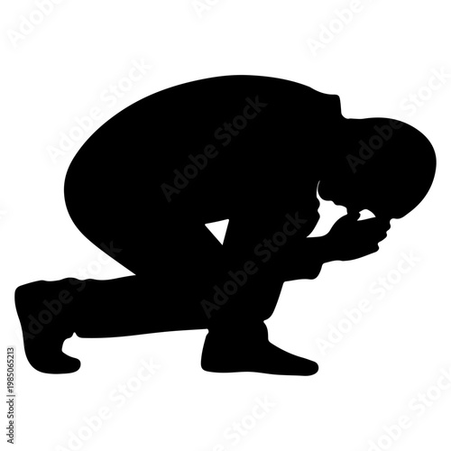 Silhouette of a person kneeling in prayer or deep thought.