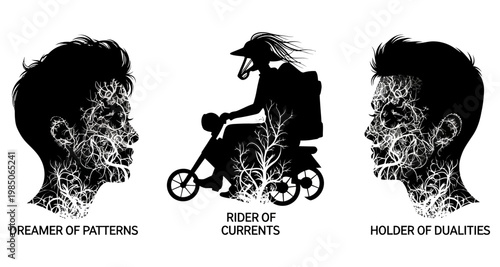 Silhouette figures with intricate organic patterns during dynamic concept Isolated on white background