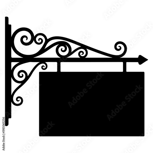 Black Silhouette of Ornate Hanging Signboard Bracket with Blank Sign.