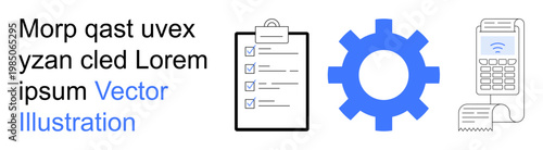 Workflow processes, business tools, automation, task management, digital payments, e-commerce. A checklist, gear symbol and payment terminal icon. Workflow processes and business tools concepts