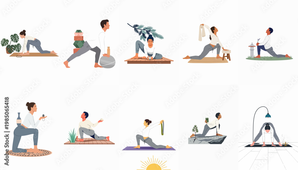 Fototapeta premium Diverse collection of flat illustrations showing men and women performing various yoga poses and stretches in indoor and outdoor settings for wellness.