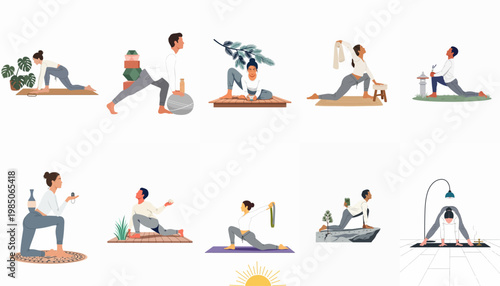 Diverse collection of flat illustrations showing men and women performing various yoga poses and stretches in indoor and outdoor settings for wellness.