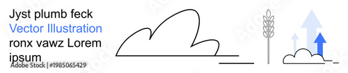 Agriculture, sustainability, growth, farming trends, climate change, rural economy. Minimalist design of a cloud, crop and upward arrows. Agriculture and sustainability in clean modern style