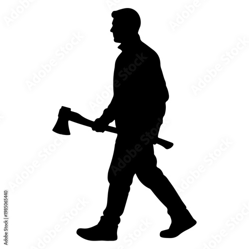 Silhouette of a lumberjack walking with an axe.