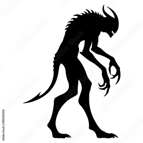Silhouette of a menacing alien creature with sharp claws and horns.