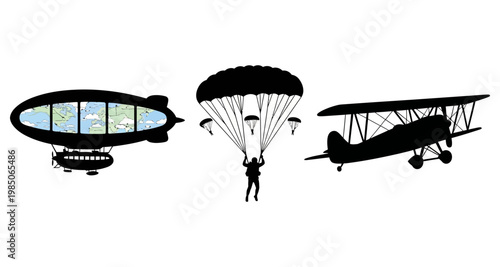 Silhouettes of blimp with map skydiver and biplane during vintage aviation era Isolated on white background