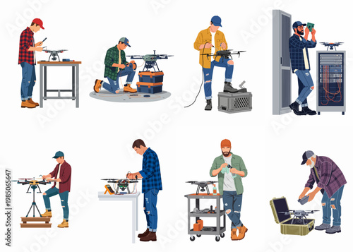 Set of male technicians and engineers repairing, assembling, and maintaining drones in various workshop settings, flat vector illustration.