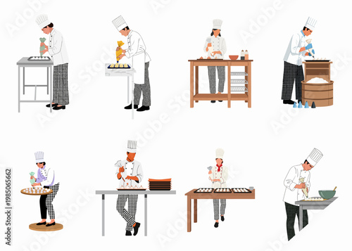 Professional pastry chefs in uniform decorating sweet treats and meringues with piping bags in a kitchen, flat vector illustration set.