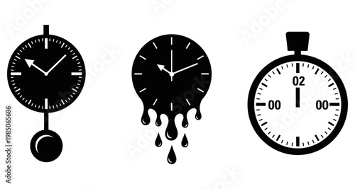 Three clock designs representing time passing and melting during measurement Isolated on white background