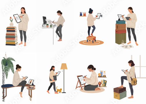 Diverse flat illustrations of women working as digital artists and designers using tablets and styluses in various comfortable indoor settings.