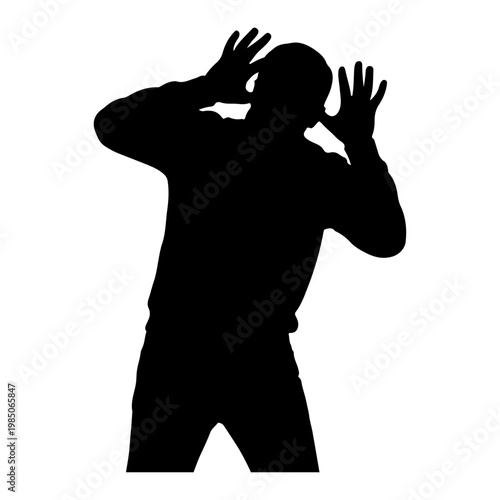 Silhouette of a person pressing hands against a transparent surface.