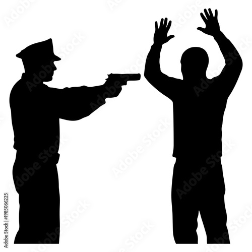 Silhouette of police officer pointing gun at suspect with hands up.