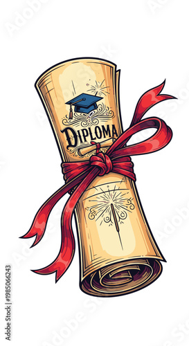 Diploma certificate with red ribbon tied.
